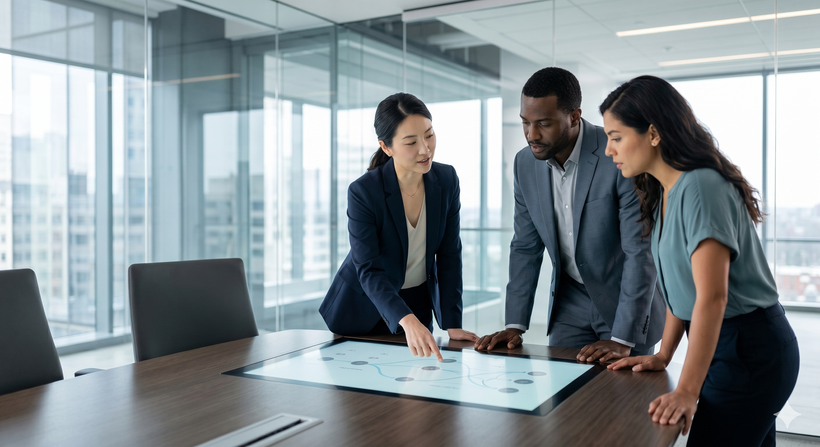 Team reviewing data on a touchscreen conference table