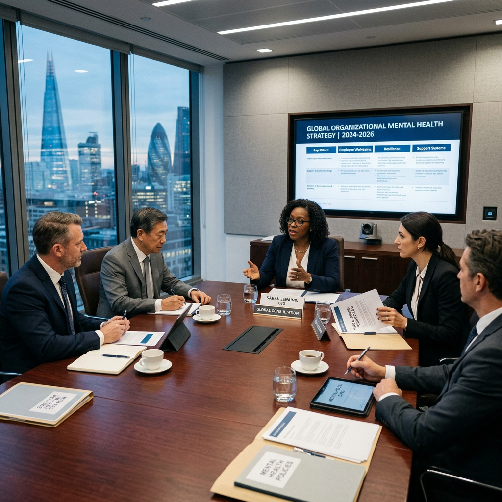 Executive strategy meeting with mental health data on screen
