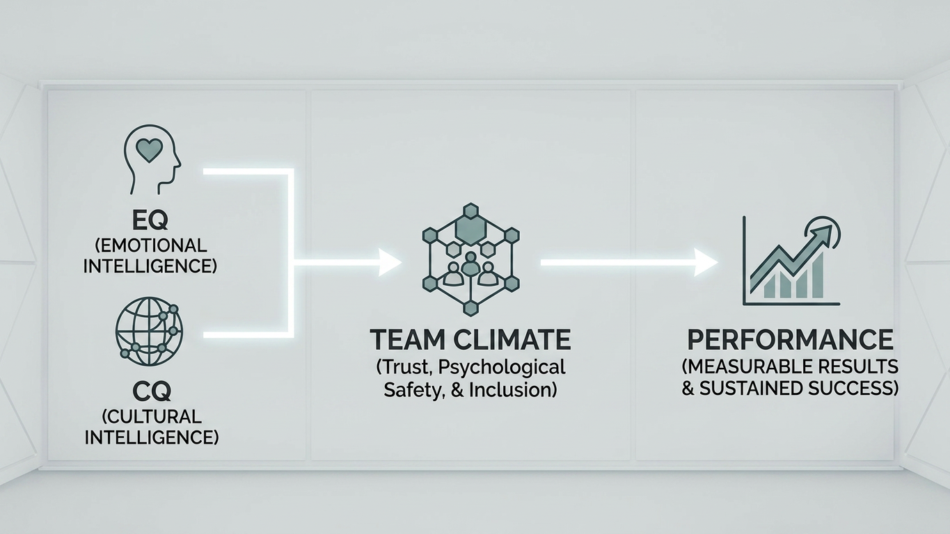 EQ and CQ feed Team Climate (trust, psychological safety, inclusion), which drives Performance