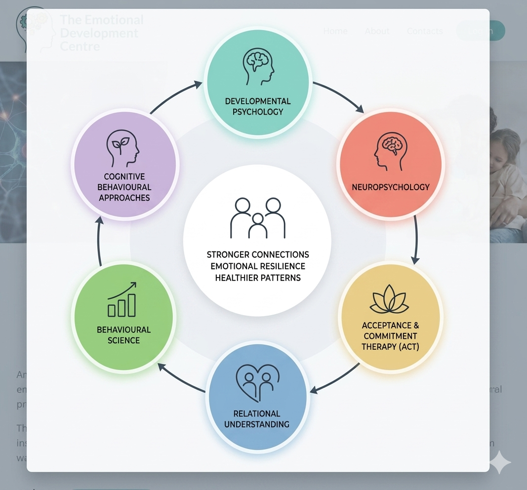 Evidence-based model: Developmental Psychology, Neuropsychology, Acceptance and Commitment Therapy, Relational Understanding, Behavioural Science, and Cognitive Behavioural Approaches, connecting to stronger connections, emotional resilience, and healthier patterns.