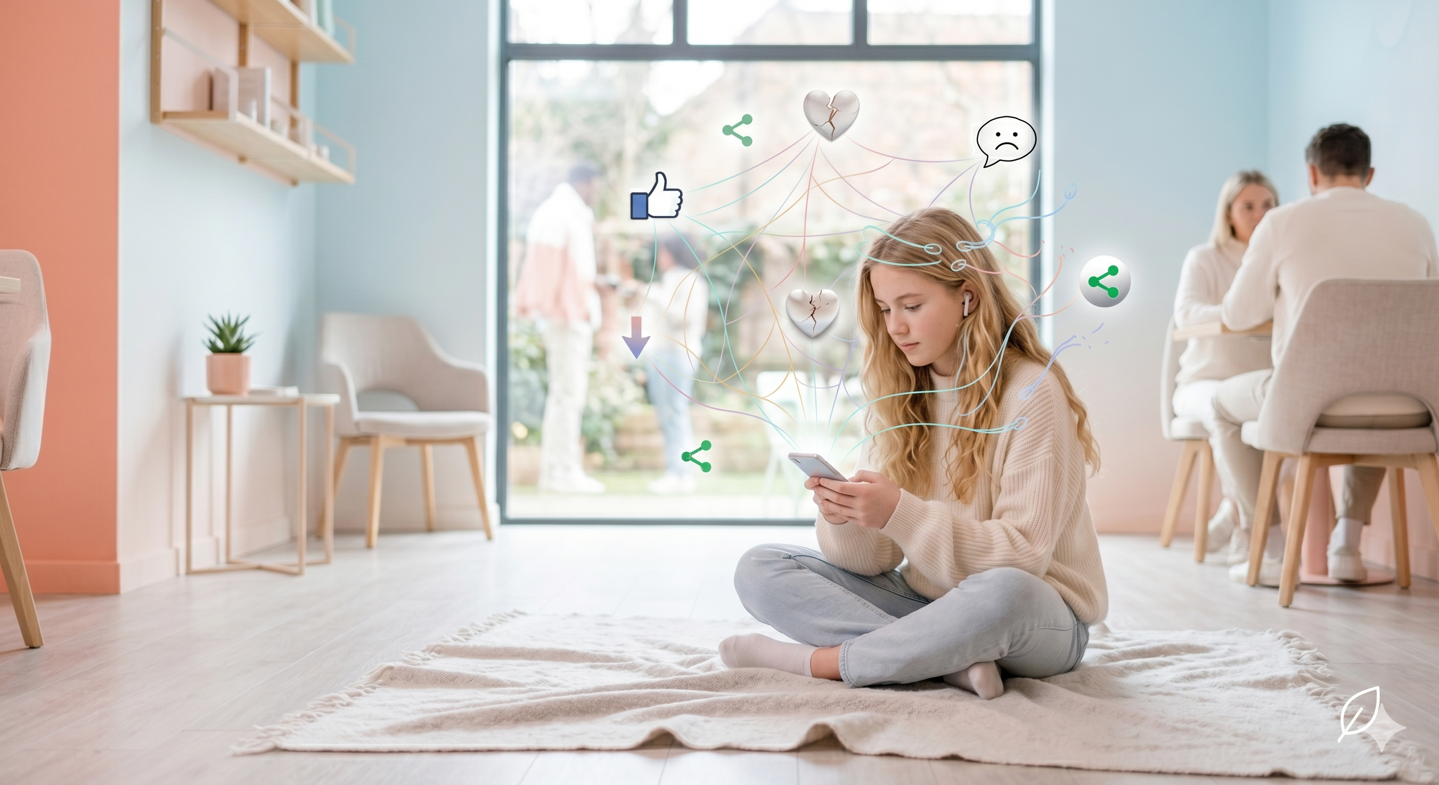 Adolescent absorbed in her phone while family life continues around her